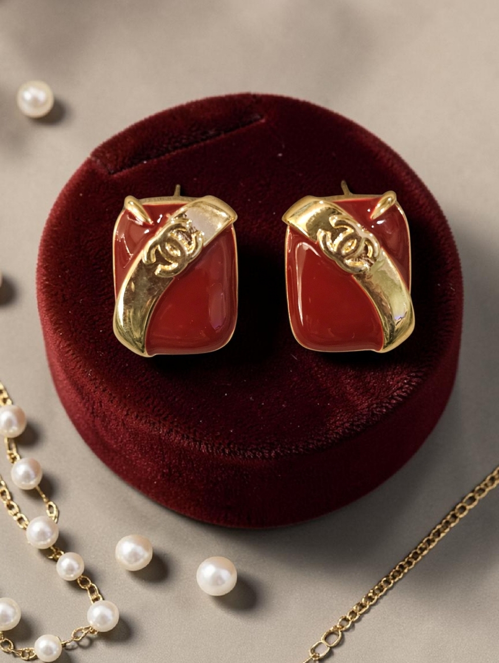 Burgundy Red And Gold Earrings